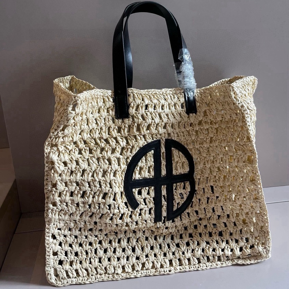 Anine Bing Tan Woven Tote with Black Accents